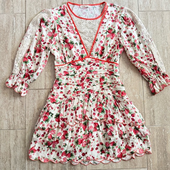 For Love Bell White Strawberry Ruffle Teired Lace Cottagecore Fairy Sz M Dress - Picture 1 of 11